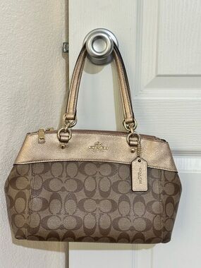 Coach Brown Signature Shoulder Bag with Metallic Gold Trim